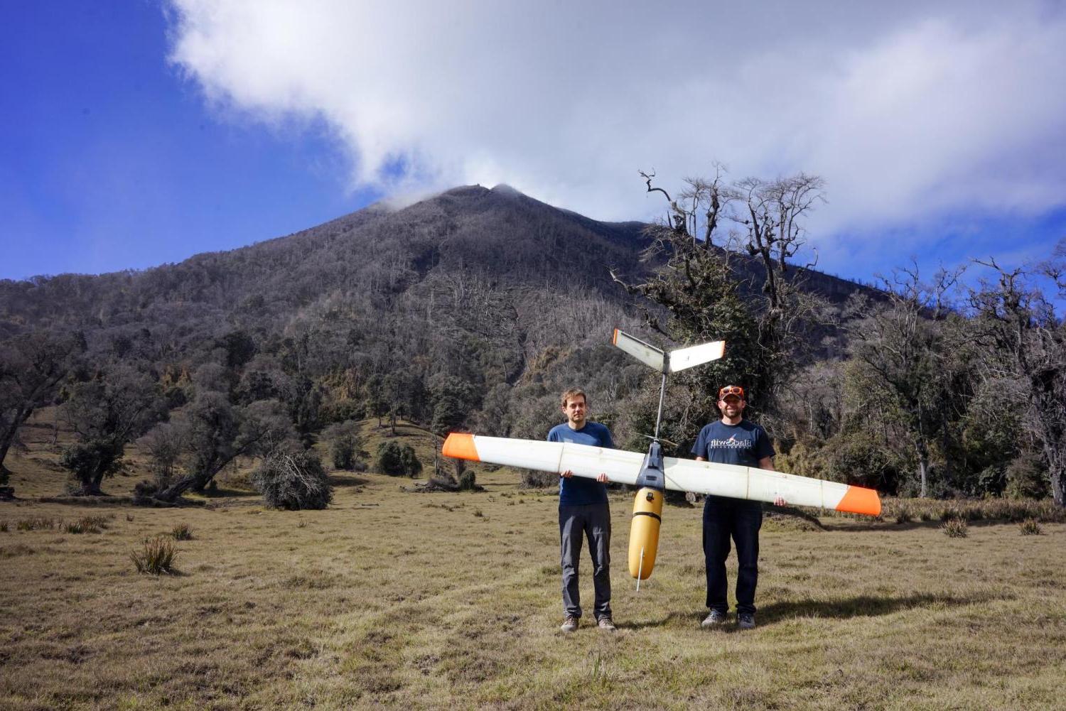 Jack Elston (left) and Maciej Stachura in Costa Rica with their S2 UAS sampling Turrialba Volcano.