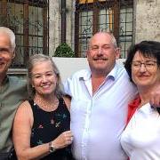 (From left to right) Dr. Karin Schuster, professor Wolfgang Schuster (Berlin Frei Universit), Sharron Land Gegenheimer and Dr. Bernd Kottmann reunited in Munich, Germany in 2019.