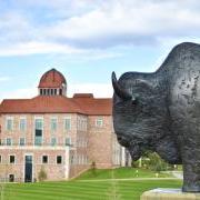 Buffalo statue in the foreground; Koelbel Building in the background