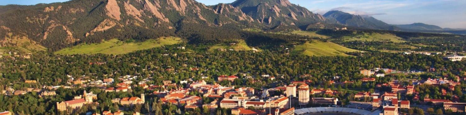 Aerial view of CU Boulder campus and flatirons