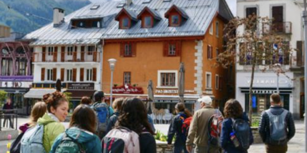 Students walking in another country.