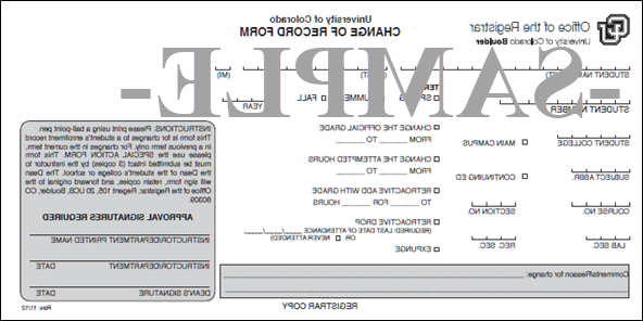 图片-更改纪录表格样本. 包含学生姓名字段, ID number and college or school; term and year; campus; course subject, 课程数量, 部分数量 and lab/recitation 部分数量s; options to change the official grade, 更改尝试时间, 追溯性地添加或删除课程, or to expunge it from the student's record; comments or reasons for the change; and required instructor and dean signatures.
