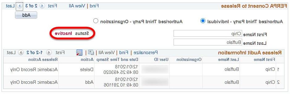 A screenshot from Campus Solutions of an inactive FERPA consent to release authorization. The authorization phrase field is not displayed, and the "Status" field is labeled "Inactive".