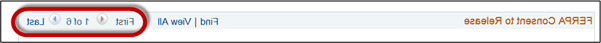 A screenshot from Campus Solutions of the buttons used to navigate among FERPA authorizations. 在这个截图中，标签指定为“1 of 6”. The roll-over text on the navigation buttons are labeled "Show previous row" and "Show next row".