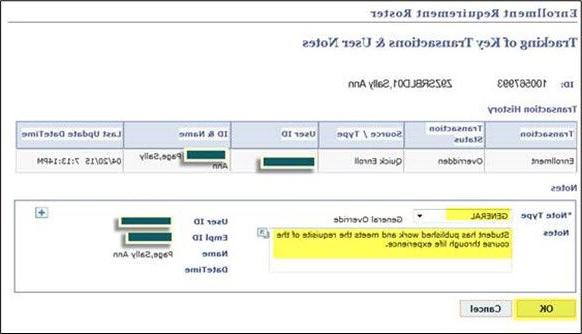 “跟踪密钥交易”的截图 & 用户注意”页面，从校园解决方案注册要求花名册页面博彩平台推荐. 黄色突出显示为“一般”的“笔记类型”和“学生已发表作品并通过生活经历满足课程要求”的示例“笔记”条目.OK按钮也会高亮显示.