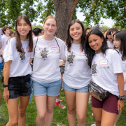 Female first-year students gather at a welcome BBQ at Williams Village